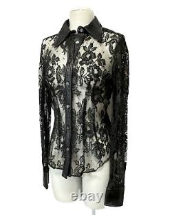 Vintage DOLCE & GABBANA Ladies SMALL Black Lace-Leather Long Sleeve Blouse-Top