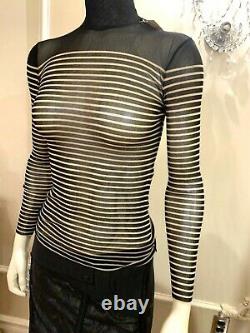 Vintage Jean Paul Gaultier Stripe Printed Mesh BLACK TOP SIZE S Made In Italy
