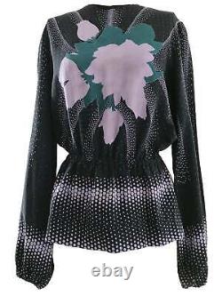 Vintage Lanvin Black Floral Silk Long Sleeve Peplum Blouse Top S