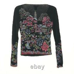 Vivienne Tam Black Mesh Chinese Long Sleeve V-neck Mesh Floral Top size S CH