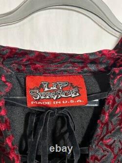 Vtg Lip Service Vamp Gothic Bell Sleeved Lace Top XL Black Red Crushed Velvet