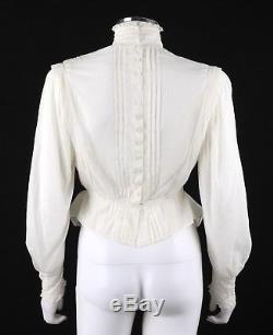 Vtg Victorian Edwardian White Floral Long Sleeve Button Back Blouse Top Shirt