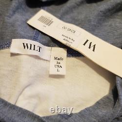 WILT L The Big Hoodie Long Sleeve Blue Gray White Jersey Hooded Top NWT