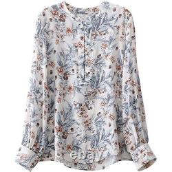 Women Floral Printed Round Neck Long Sleeve Casual Top Shirts Real Silk Blouse