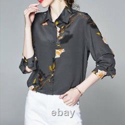 Women Mulberry Silk Loose Tops Shirt Lapel Collar Long Sleeve Formal Blouse XL L