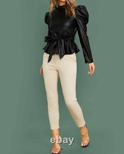 Women Sexy Elegant Puff Long Sleeve Real Leather Belted Peplum Blouse Top Shirt