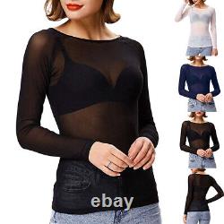 Women Sexy Mesh See Through T Shirt Ladies Long Sleeve Tops Clubwear Blouse Size