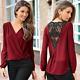 Women Sexy V-neck Tops Loose Long Sleeve T-shirt Casual Lace Splice Blouse Hot