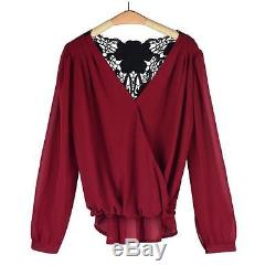 Women Sexy V-neck Tops Loose Long Sleeve T-shirt Casual Lace Splice Blouse HOT
