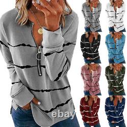 Women Zipper V Neck Long Sleeve Blouse Lady Casual Striped T-shirt Pullover Tops