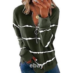 Women Zipper V Neck Long Sleeve Blouse Lady Casual Striped T-shirt Pullover Tops