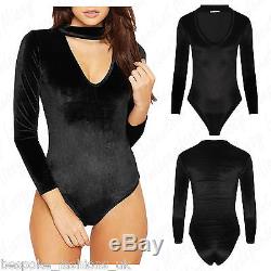 Womens Ladies Long Sleeve HIGH CHOKER Neck Velour Velvet Leotard Bodysuit Top