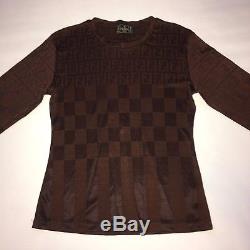 Womens Vintage 80s Fendi Top Brown Black Fendi Zucca Pattern Long Sleeve Shirt