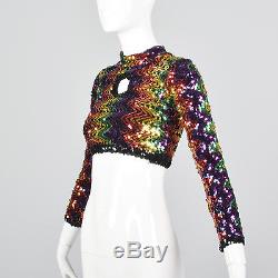 XS 1970s Black Knit Crop Top Rainbow Sequins Long Sleeves Disco Party 70s VTG