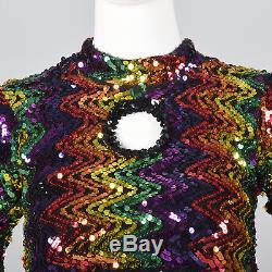 XS 1970s Black Knit Crop Top Rainbow Sequins Long Sleeves Disco Party 70s VTG