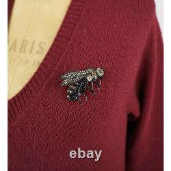 XS NEW $980 GUCCI Red Wool GOLD BEE BROOCH PIN KNIT V KNIT Classic SWEATER TOP