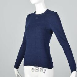 XS Navy Blue Courreges Angora Sweater 1970s VTG Striped Long Sleeve French Top