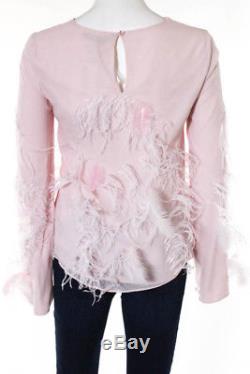 ZAC Zac Posen Pink Silk Long Sleeve Crew Neck Feather Blouse Top Size 4 New $650