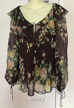 ZIMMERMANN Floral Silk Blouson-Sleeve Tunic Top AU 1/ 8-10 Sheer Frills Roses