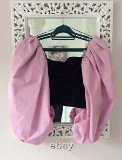 Zara Black Velvet Corset Top with Pink Puff Oversized Sleeves, UK Size S 8 New