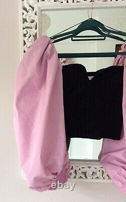 Zara Black Velvet Corset Top with Pink Puff Oversized Sleeves, UK Size S 8 New