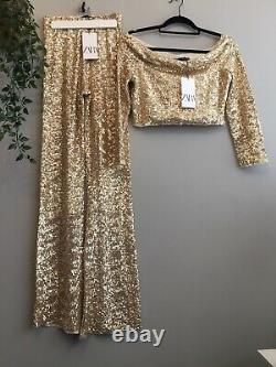 Zara Gold Limited Edition Sequinned Top & Flared Leggings Co-ord Suit Set Xs/m