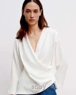 Zara White Blouse V Neck Draped Side Long Sleeve Elegant Top Size XL New