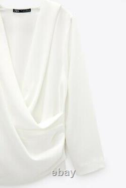 Zara White Blouse V Neck Draped Side Long Sleeve Elegant Top Size XL New